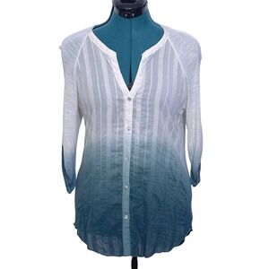 TINY Ombre Dip Dye Button Up Shirt Top White Teal 3/4 Sleeve Women's‎ Size M